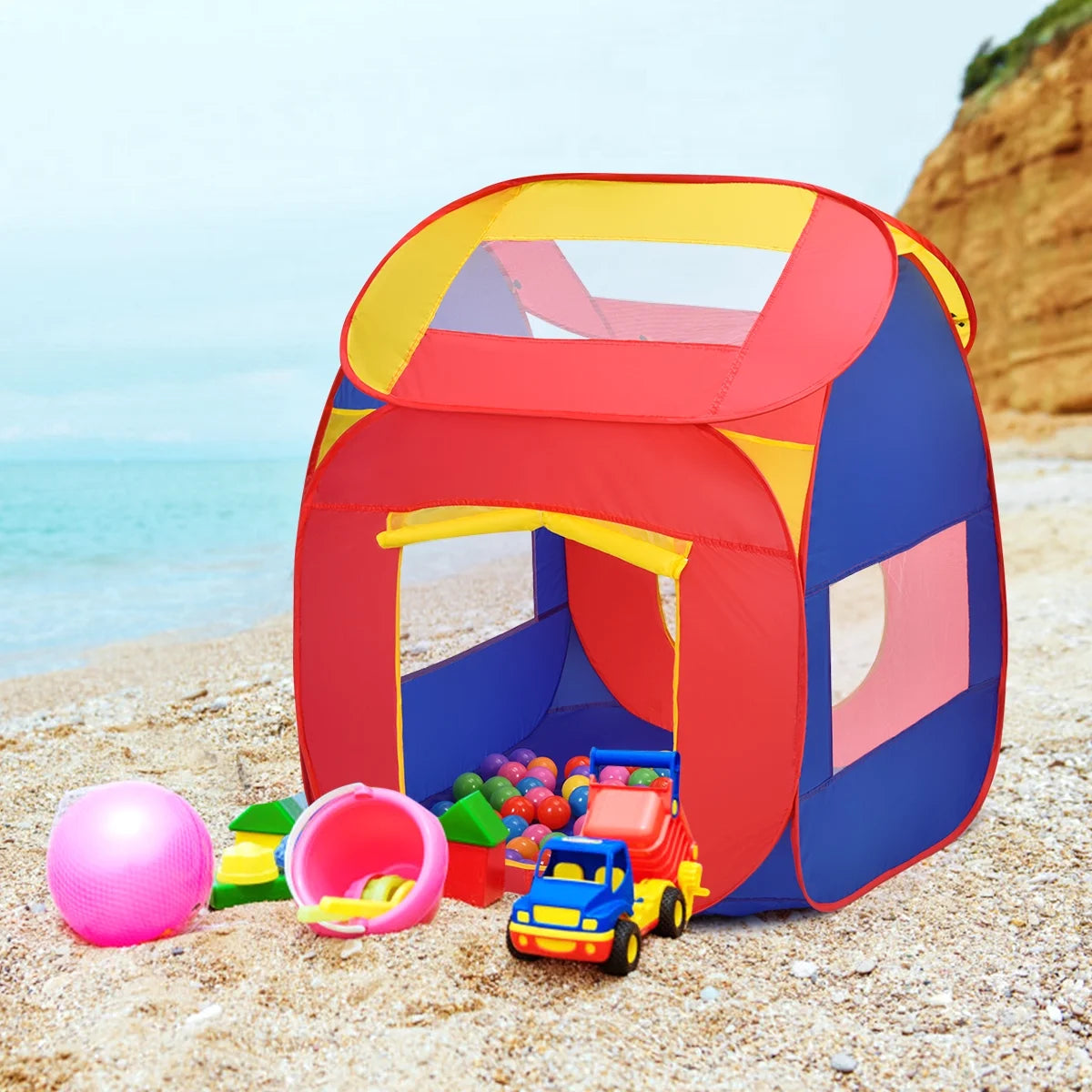 Red and Blue Polyester Pop-Up Play Tent for kids, 100 Balls included