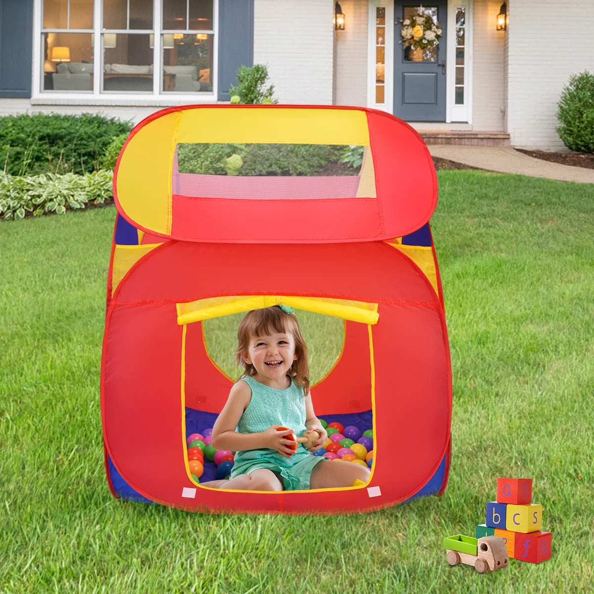 Red and Blue Polyester Pop-Up Play Tent for kids, 100 Balls included